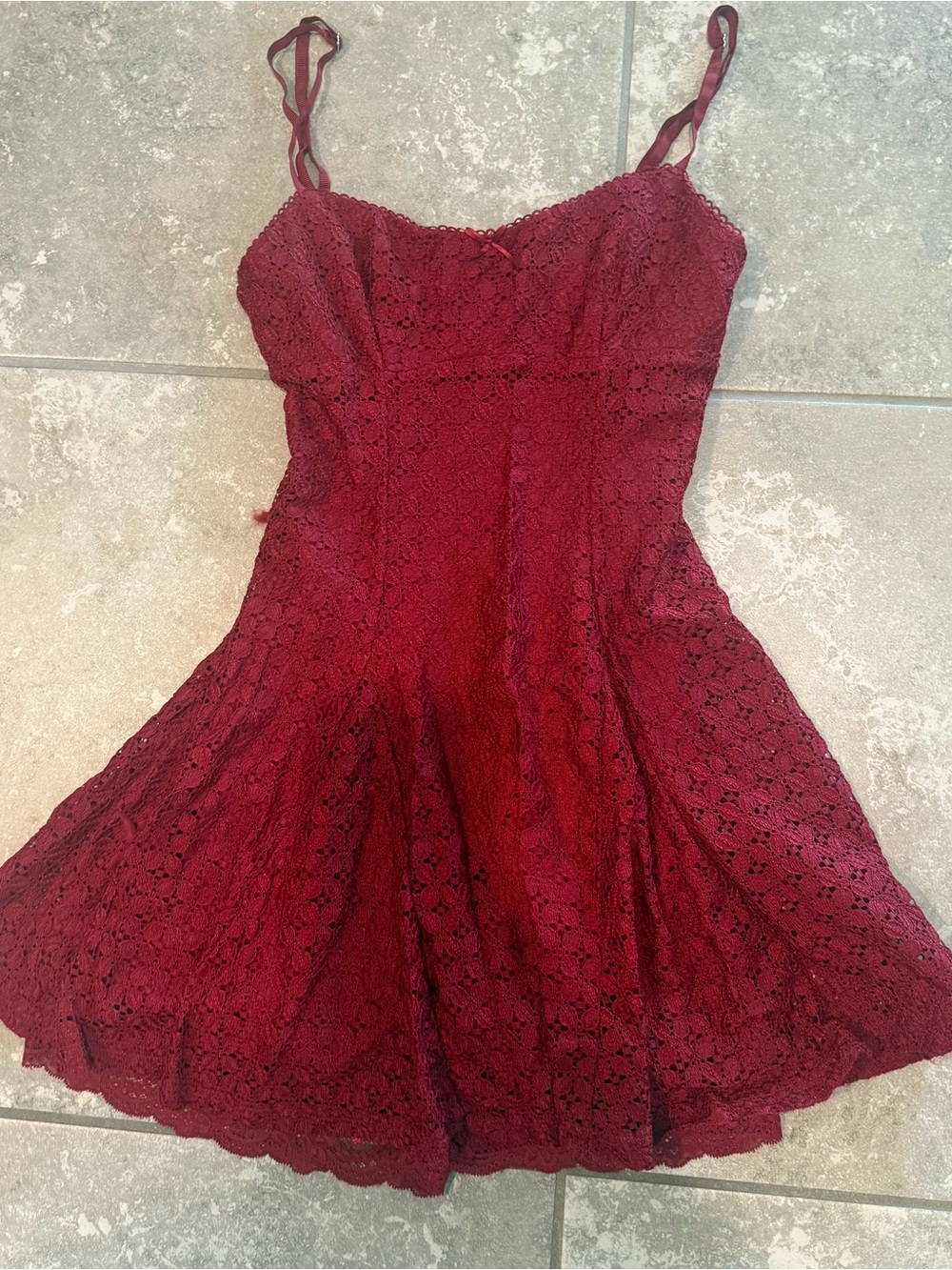 American Threads Burgundy Lace Mini Dress with Spaghetti Straps